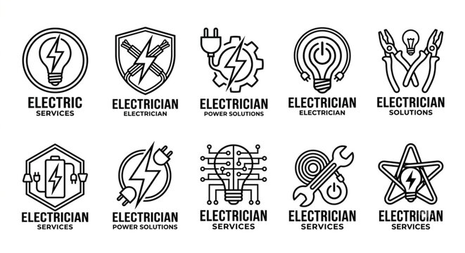 Set of 10 electrician logo concepts, monochrome vector line art branding badges for electrical services.