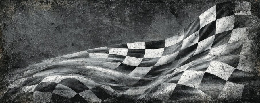 Waving black and white checkered flag against a textured dark grey