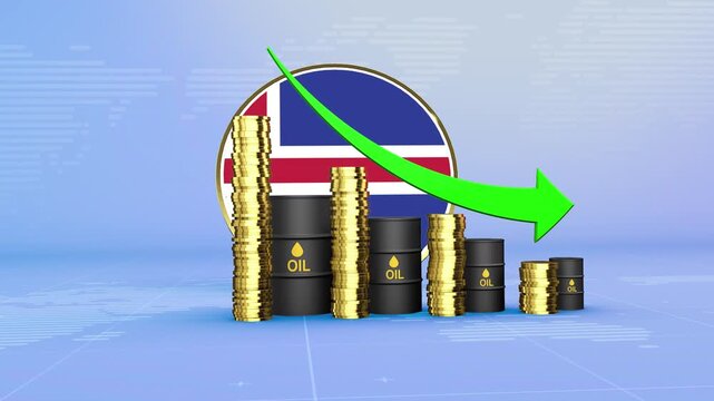 Iceland Oil Prices Decline with Oil Barrels, Gold Coins and Downward Green Arrow, 3D Economic and Financial Market Concept