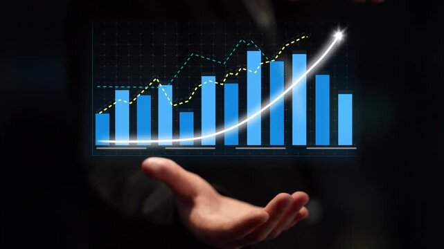 Businessman showcases a growth chart with blue bars and an upward trend, symbolizing financial progress and effective investment strategies in a digital environment. Copula