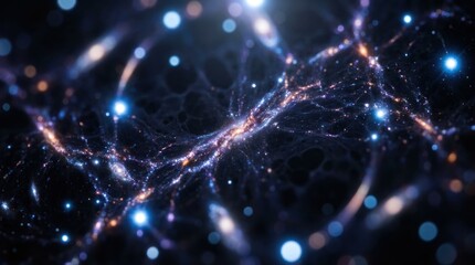 Fototapeta premium A deep-space panorama shows an anisotropic cosmic web of galaxy filaments, glowing clusters, and dark matter voids stretching across a tilted redshift map, with blue-white stars scattered along