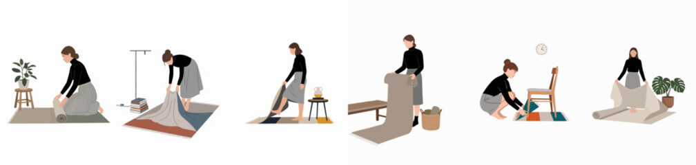 Fototapeta premium Minimalist flat vector illustrations of women rolling, unrolling, and arranging various stylish rugs and carpets in modern home interior scenes.