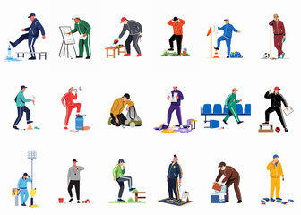 Fototapeta premium Flat vector illustration collection of sports coaches showing various emotions and actions including anger, frustration, coaching, and planning on a white background.