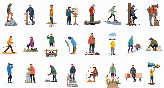 Comprehensive collection of flat vector illustrations featuring men and boys engaged in various outdoor hiking, trekking, and nature exploration activities.