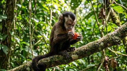 Fototapeta premium A young monkey with brown fur perched on a mossy branch in a lush green jungle, carefully eating a piece of orange fruit with its small hands.