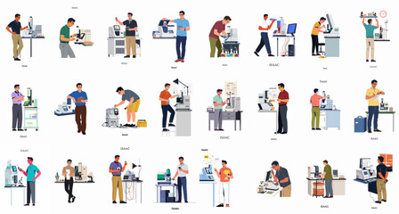 Fototapeta premium Collection of flat illustrations showing a male scientist or technician working in various laboratory and research environments with technical equipment.