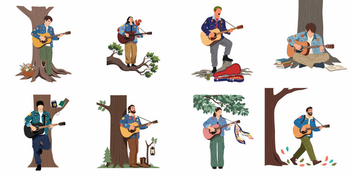 Set of flat minimalist illustrations featuring diverse people playing acoustic guitars in various outdoor forest settings near trees.