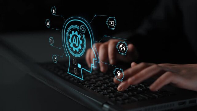 Hands typing on a laptop keyboard with glowing artificial intelligence icons and symbols representing technology and innovation in a dark setting Gluon.