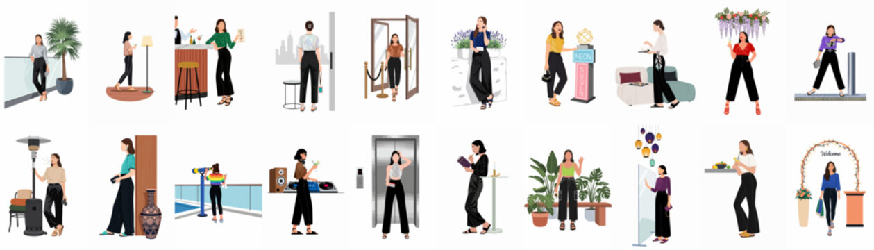 Collection of flat illustrations depicting stylish women in various modern nightlife, social, and luxury leisure settings like rooftop bars and lounges.