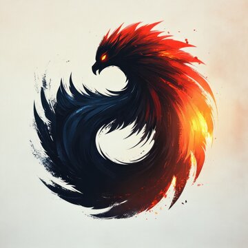 fiery red and dark blue phoenix formed from swirling flames and shadow feathers in a circular yin-yang composition, glowing eye, dramatic intense motion and rebirth energy