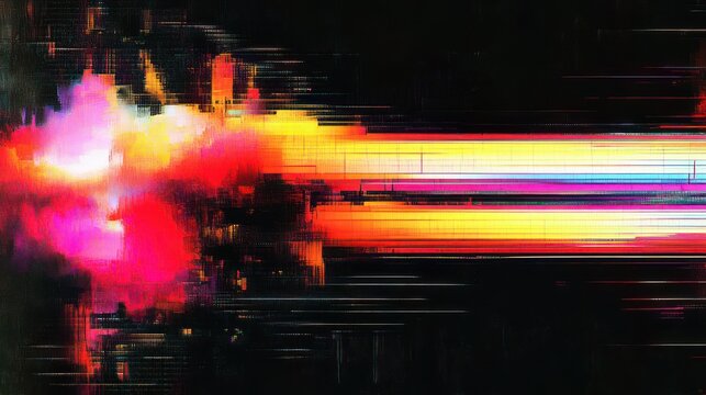 Neon explosion of colorful smoke and horizontal light streaks with pixelated glitch effects on a dark background conveying speed and electric energy