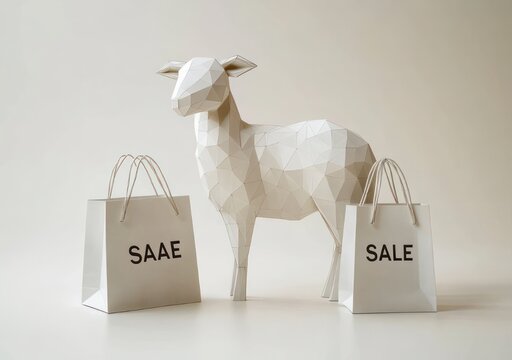 white low-poly paper sheep standing between two shopping bags with sale text on a minimal beige background, playful and serene still life