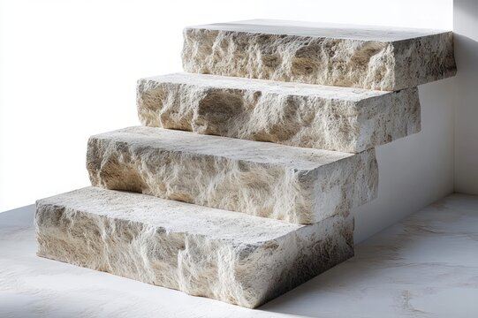 four floating rough-cut limestone steps cantilevered from a white corner wall above a pale veined floor in a bright minimalist room, evoking calm sculptural simplicity