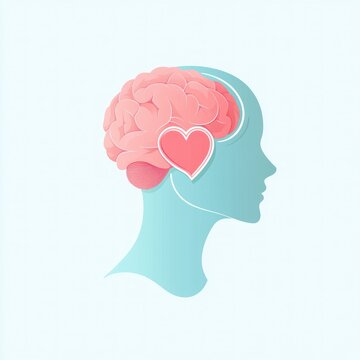 teal profile silhouette with pink brain and heart-shaped headphone connected to brain, soft pastel illustration conveying calm compassionate mental wellbeing