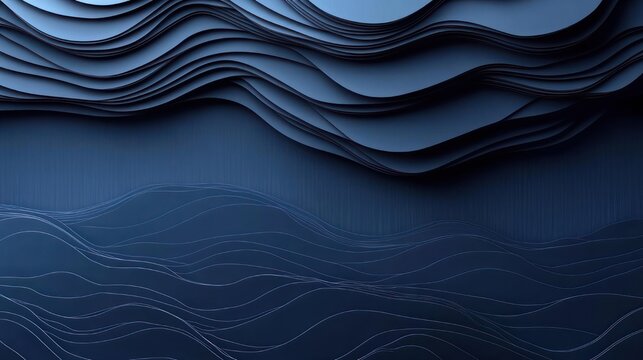 layered dark blue wavy paper-like forms and flowing contour lines creating a calm, soothing abstract wave landscape