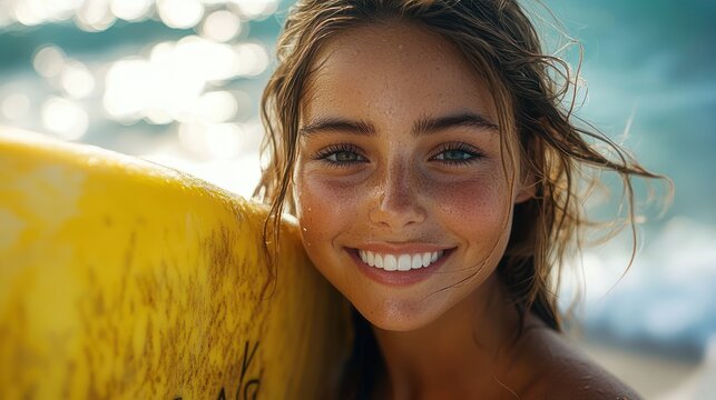 Close-up of a sunlit surfer with wet hair leaning on a yellow surfboard by sparkling ocean waves, feeling carefree and anticipatory