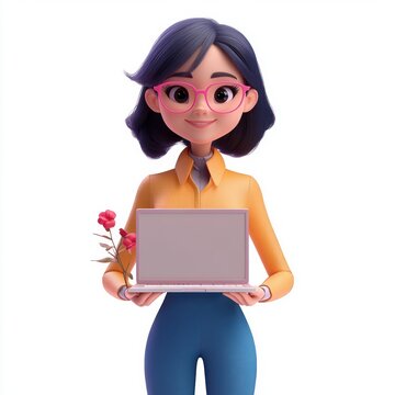 Stylized faceless woman with pixelated face holding open laptop with blank screen and pink flowers, cheerful welcoming pose