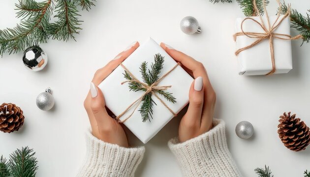 cozy hands with white manicure holding a neatly wrapped white gift tied with twine and a pine sprig, surrounded by evergreen branches, silver baubles, pine cones and a second present