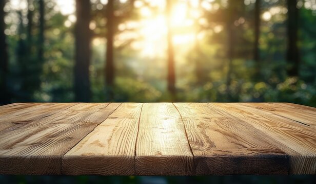 Empty rustic wooden table in foreground with sunlit blurred forest background conveying warm peaceful morning serenity