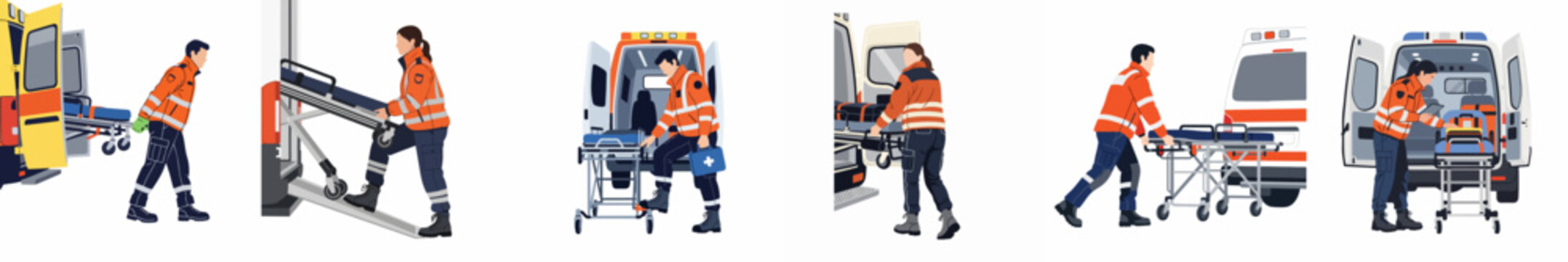 Set of illustrations showing paramedics in uniforms loading and unloading a medical stretcher from an ambulance, flat vector style.