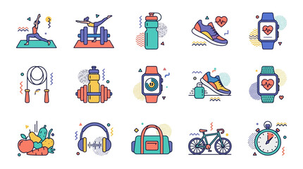 Fototapeta premium Set of colorful fitness and healthy lifestyle icons for exercise and wellness activities.