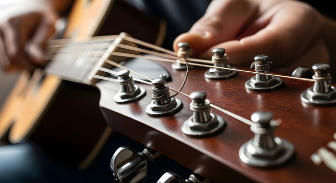 Musician tuning guitar strings before performance. Music preparation sound adjustment and artistic focus in creative studio environment scene.