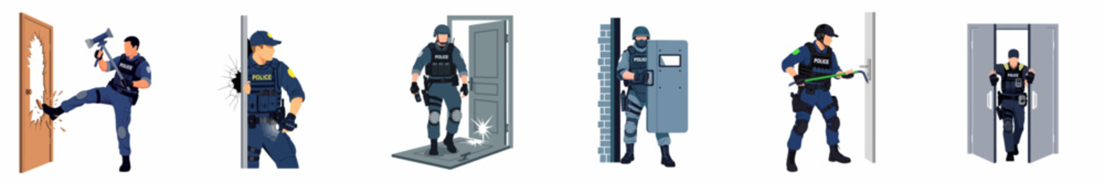 Set of flat vector illustrations showing police and tactical team officers performing various door breaching and entry maneuvers during a mission.