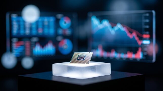 A sleek product-announcement scene with a tiny chip on an acrylic pedestal, translucent analytics screens, and a downward market line graph in the background, capturing advanced semiconductor news and