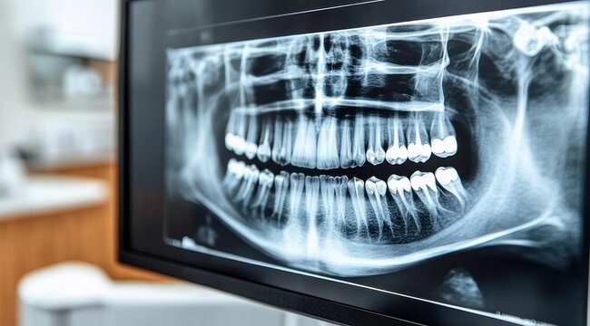 panoramic dental x-ray displayed on clinic monitor showing full upper and lower jaw, teeth, roots and fillings in a clinical diagnostic setting