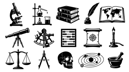 Fototapeta premium Vintage Science Education Icons Set. Engraving Style Symbols of Discovery, Knowledge Learning Tools.