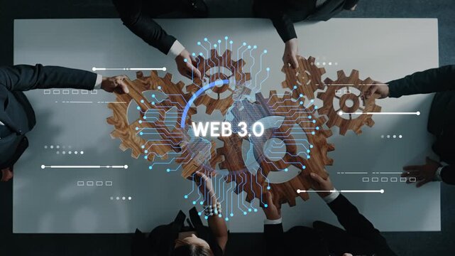 Collaborative Business Meeting Illustrating Web 3.0 Concept with Gears and Digital Connections for Innovation and Technology Development. Entropy.