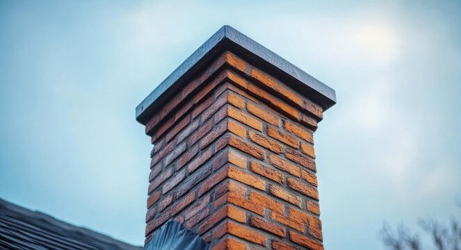 red brick chimney with stone cap and metal flashing on a rooftop under a soft cloudy sky, evoking sturdy calm and cozy home feeling