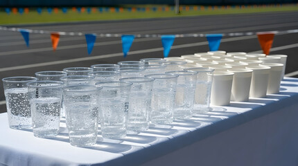 Refreshment Station with Water Cups at Running Track | Hydration Booth for Athletes and Sports Event | Rows of Clear Plastic and Paper Drink Cups | Marathon Race Day Event Management Setup