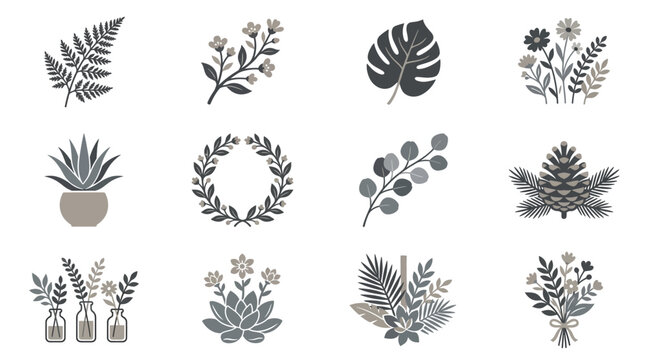 Assorted botanical elements and potted plant icons
