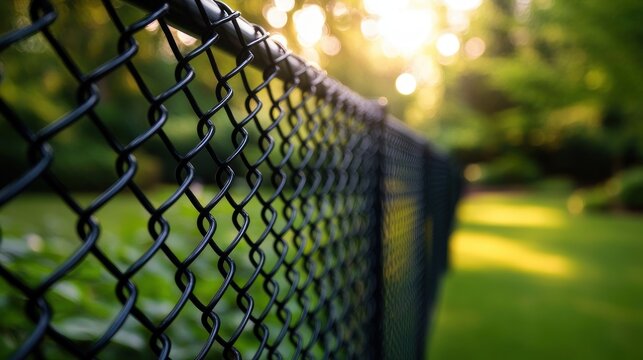 close-up chain-link fence in sharp focus against a sunlit green lawn and blurred trees, warm bokeh creating a tranquil, contemplative afternoon mood