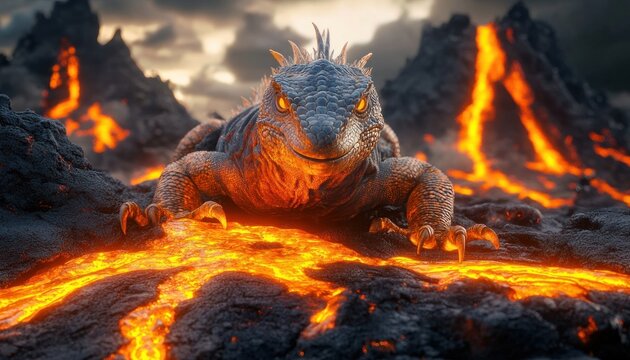 A fierce lava-dwelling reptile with glowing orange eyes and sharp claws crawling over molten lava flows between smoking volcanic peaks, radiating heat and menace