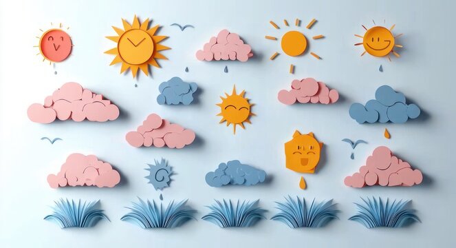 Whimsical paper-cut suns with smiling faces, pink and blue expressive clouds, raindrops, flying birds and stylized blue grass in a cheerful playful arrangement