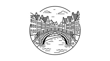 Fototapeta premium Amsterdam Canal Bridge Line Art Illustration