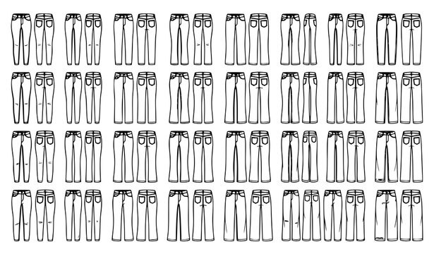 Women's Full Length Denim Jeans Technical Fashion CAD Vector Library with Five Pocket Flat Templates