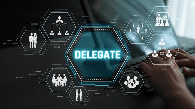 Digital Workspace Concept for Professional Delegation and Task Management with Virtual Team Collaboration Icons in Background Sigmoid