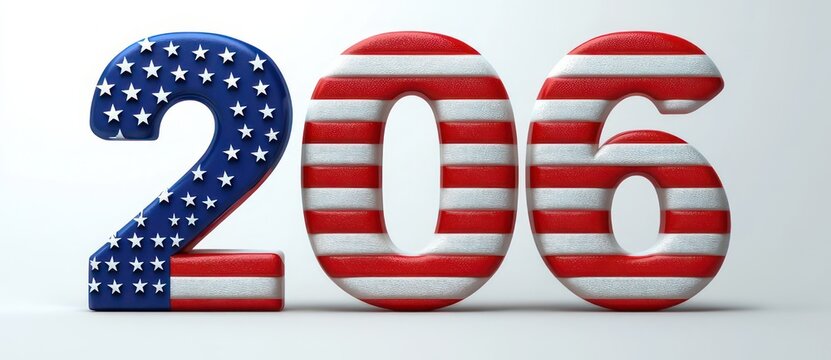 Glossy three-dimensional numerals 206 decorated with blue field of white stars and red and white stripes conveying a patriotic celebratory mood