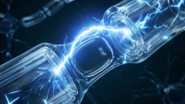 ランヴィエ絞輪で跳躍伝導が起こり青く発光する神経細胞のミクロ3DCG映像