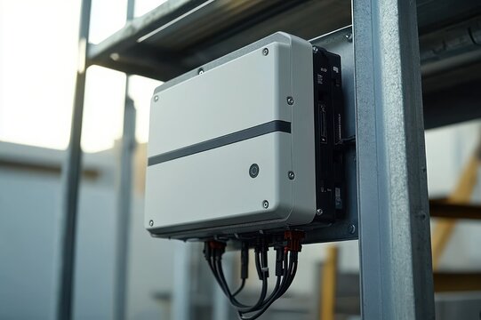 white rectangular electrical enclosure with black stripe and multiple power cables mounted on a metal frame in an outdoor industrial setting conveying technical precision and reliability