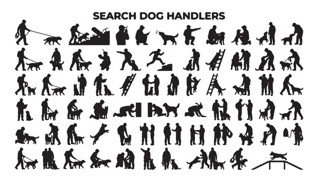 Search Dog Handlers Silhouettes Collection &ndash; K9 Training and Rescue Operations Set