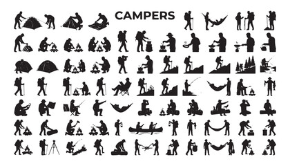 Fototapeta premium Campers And Camping Icons Set Showing Hiking, Tent, Campfire, Canoe And Outdoor Activities