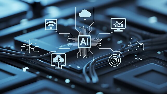 A futuristic circuit board showcases various icons representing artificial intelligence connections and technology integrations in a sleek environment.