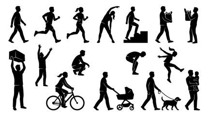 Fototapeta premium Silhouette Collection: People Walking, Running, Exercising, Carrying, and with Dog Baby
