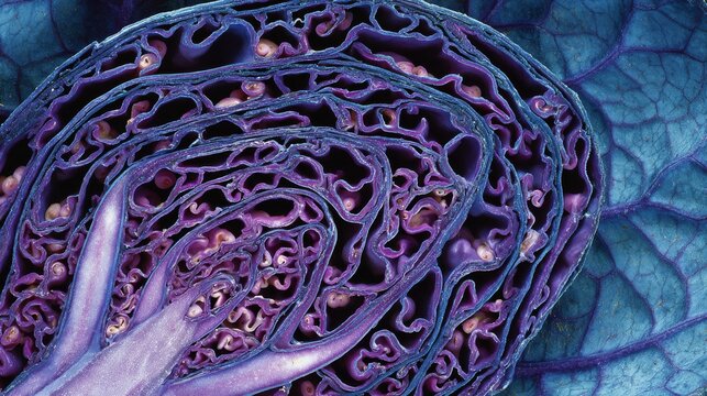 96.High detail macro photography of blue purple cabbage cross section, abstract natural patterns, raw vegetable texture concept