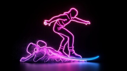 Obraz premium Dynamic surfer riding neon waves in abstract digital art sport concept with glow effect