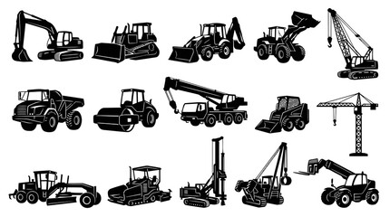 Obraz premium Black and White Vector Icons of Construction Heavy Machinery, Equipment and Vehicles